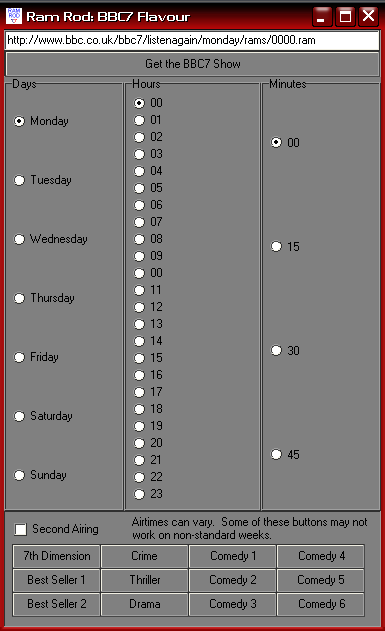 A working screen shot of The Code Cave's Ram Rod program, BBC7 Flavour.